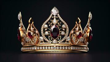 detallado reina corona hecho de oro aislado en el llanura fondo, decorado con precioso joyas foto