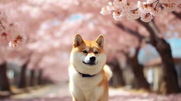 Cute Shiba Inu at the Japanese Street with Blooming Sakura Trees and Blue Sky on the background photo