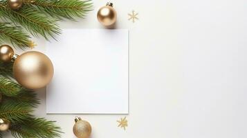 Blank White Greeting Card with Christmas Decoration Around the Card, Copy Space photo