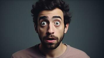 Scared Man Looking at the Camera Isolated on the Minimalist Background photo