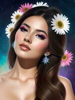 Beautiful Young Woman With Long Brown Hair And Pink, White Flowes. Generative AI photo