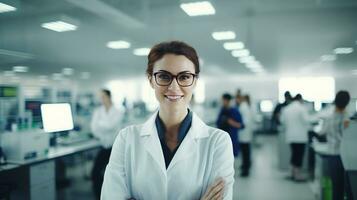 A Young Woman Scientist in Modern Bright Medical Science Laboratory with Crowded Situation photo