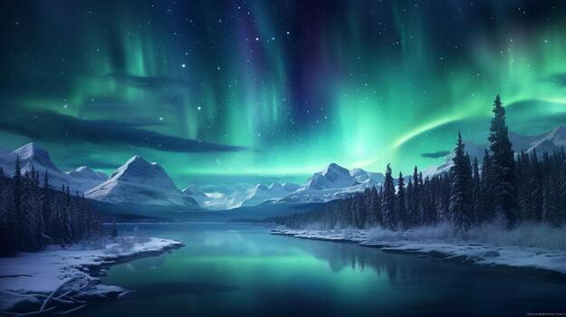 cautivador amplio ángulo Disparo de el encantador Aurora borealis esclarecedor el noche cielo foto