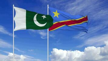 Pakistan and DR Congo Flags Waving Together in the Sky, Seamless Loop in Wind, 3D Rendering video
