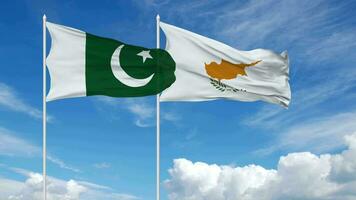 Pakistán y Chipre banderas ondulación juntos en el cielo, sin costura lazo en viento, 3d representación video