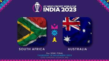 söder afrika mot Australien 2:a semi slutlig match i icc herr- cricket världscupen Indien 2023, intro video, 3d tolkning video