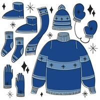 Color vector hand drawn illustration of winter clothes. Set of doodle style elements. Vector illustration on white background