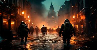 Military operation, evacuation from a burning city - AI generated image photo