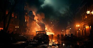 Military operation, evacuation from a burning city - AI generated image photo