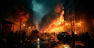 Military operation, evacuation from a burning city - AI generated image photo