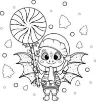 Coloring page. Christmas Cartoon Dragon with a Christmas Candy vector