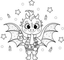 Coloring page. Christmas Cartoon Dragon with a Christmas Candle and a Toy vector