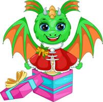 Green Christmas Dragon in gift box vector