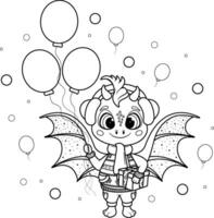 Coloring page. Cartoon Christmas Dragon with Balloons and a Gift vector