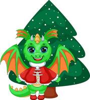 Cartoon green Dragon with Christmas tree vector