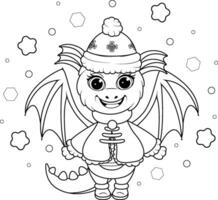 Coloring page. Cartoon Dragon in Christmas hat vector