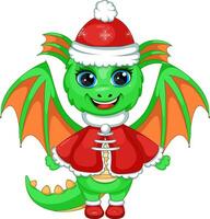 Cartoon green Dragon in Christmas hat vector