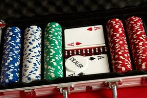 póker conjunto en metal maleta. arriesgado entretenimiento de juego. parte superior ver en rojo antecedentes foto