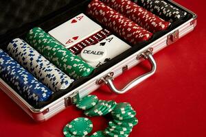 Poker set in metal suitcase. Risky entertainment of gambling. Top view on red background photo