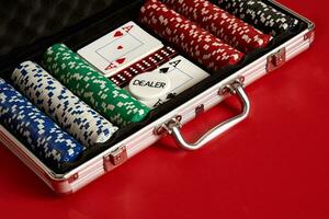 Poker set in metal suitcase. Risky entertainment of gambling. Top view on red background photo