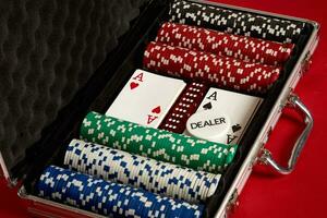 Poker set in metal suitcase. Risky entertainment of gambling. Top view on red background photo