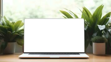 Mockup Laptop with Blank Screen Office Desk photo