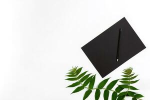 Natural composition with sketchbook and pencils on white table, decorated with green branches. Flat lay, top view, view from above photo