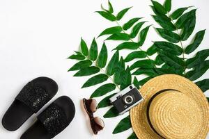 Straw hat with green leaves and old camera on white background, Summer background. Top view photo