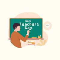 Happy teacher's day celebration banner concept with teacher explaining gesture vector