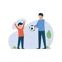 Dad giving ball gift to happy kid flat vector illustration