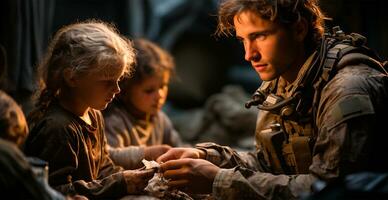 Military and children, military doctors help children, saving children - AI generated image photo