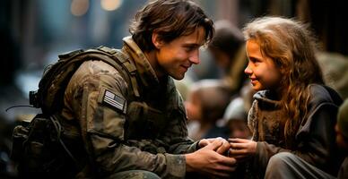 Military and children, military doctors help children, saving children - AI generated image photo