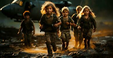 Military and children, military doctors help children, saving children - AI generated image photo