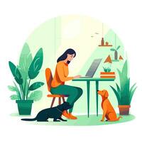 Woman with Laptop and Dogs in Cozy Room vector