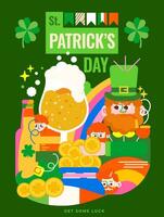 Bright modern illustration for St. Patrick's Day. A jolly gnome, a shamrock, beer, a rainbow and a pot of glittering gold. Get into the holiday spirit with green and Irish colors. vector