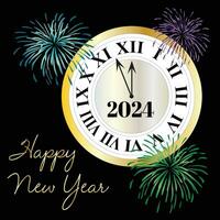 2024 happy new year countdown clock with fireworks graphic vector