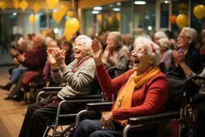 Elderly people at an evening concert in a nursing home, sitting and listening to music, a mood of joy photo