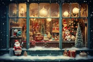 A storefront, antique toys and snow patterns on the glass, an old postcard photo