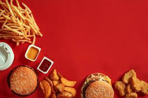 Burger and Chips. Hamburger and french fries in red paper box. Fast food on red background. photo