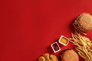 hamburguesa y papas fritas. hamburguesa y francés papas fritas en rojo papel caja. rápido comida en rojo antecedentes. foto