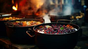 Beverages fruits and berries hot mulled wine in pots. AI Generated photo