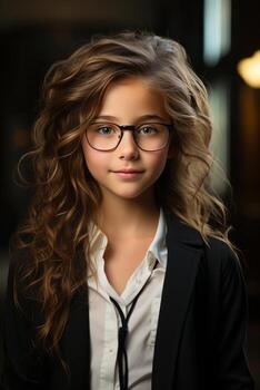 Portrait of the cute little girl with glasses, created with generative AI photo
