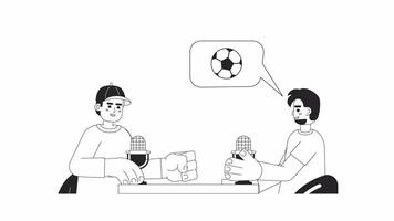 Soccer fans discussing match with microphones bw 2D characters animation. Sports announcers outline cartoon 4K video, alpha channel. Mic commentators animated people isolated on white background video
