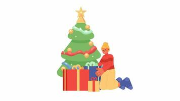 Kaukasisch vrouw omhulsel cadeaus onder Kerstmis boom 2d karakter animatie. Kerstmis vlak tekenfilm 4k video, transparant alpha kanaal. jong vrouw stapelen presenteert geanimeerd persoon Aan wit achtergrond video