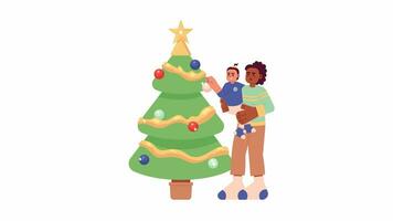 madre pequeño niña decorando Navidad árbol 2d caracteres animación. plano dibujos animados 4k video, transparente alfa canal. africano americano mamá participación hija animado personas en blanco antecedentes video