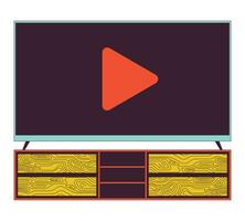 Tv on console table 2D linear cartoon object. Television standing on media storage cabinet isolated line vector element white background. Watching streaming platform on tv color flat spot illustration