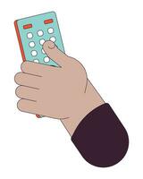 Holding tv remote control linear cartoon character hand illustration. Program switch on television outline 2D vector image, white background. Changing channels device editable flat color clipart