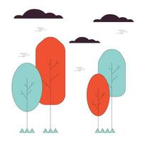 Autumn park trees 2D linear cartoon object. Nature fall season, clouds above. September landscape isolated line vector element white background. Countryside environment color flat spot illustration