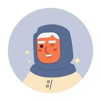 Muslim old lady winking expression 2D vector avatar illustration. Sparkle smiling arabic senior cartoon character face portrait. Confident friendly flat color user profile image isolated on white