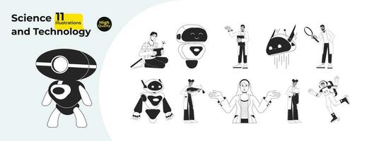 Robots and researchers lab coats black and white cartoon flat illustration bundle. Lab scientists, engineer, spaceman diverse 2D lineart characters isolated. Monochrome vector outline image collection